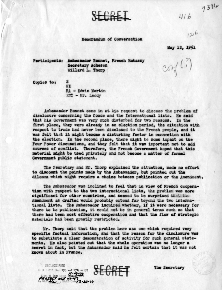 Memorandum of Conversation with Ambassador Henri Bonnet of France and Willard L. Thorp
