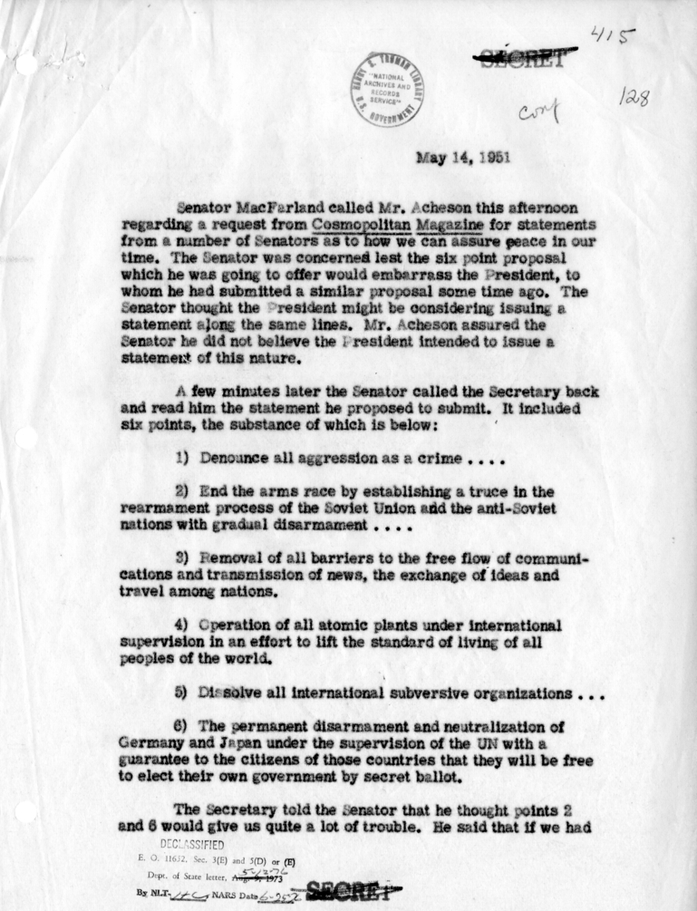 Memorandum of Telephone Conversation with Senator Ernest MacFarland