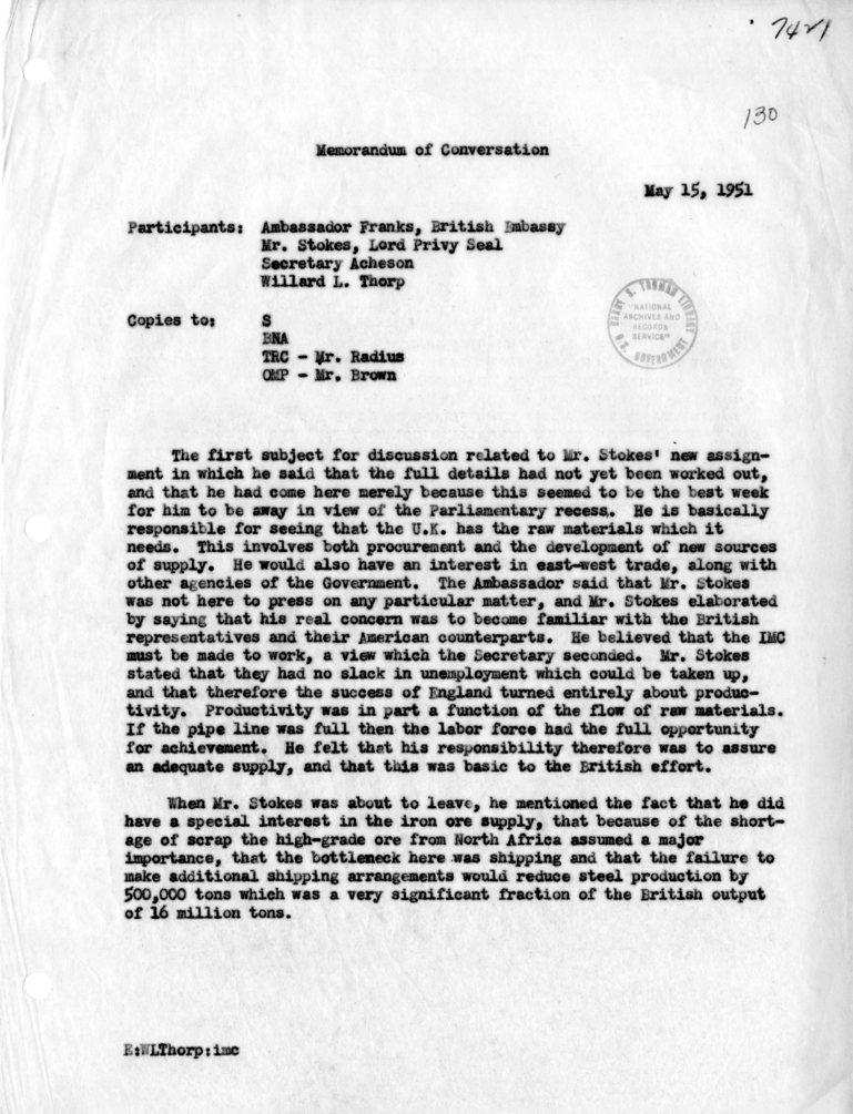Memorandum of Conversation with Ambassador Sir Oliver Franks of Great Britain, Richard R. Stokes, Lord Privy Seal, and Willard L. Thorp
