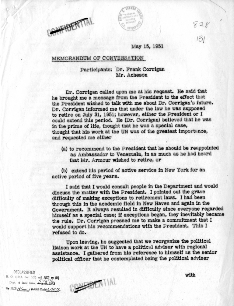 Memorandum of Conversation with Dr. Frank Corrigan