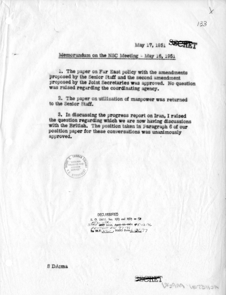 Dean Acheson Memorandum Concerning National Security Council Meeting
