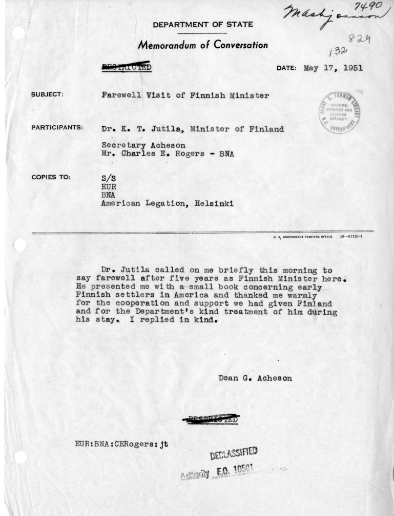 Memorandum of Conversation with Minister Dr. K. T. Jutila of Finland and Charles E. Rogers