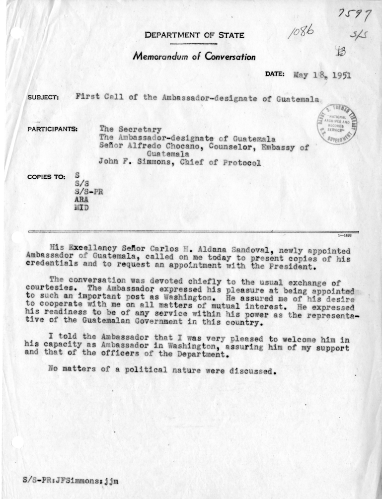 Memorandum of Conversation with Ambassador Carlos H. Aldana Sandoval of Guatemala, Counselor Alfredo Chocano of the Embassy of Guatemala, and John F. Simmons