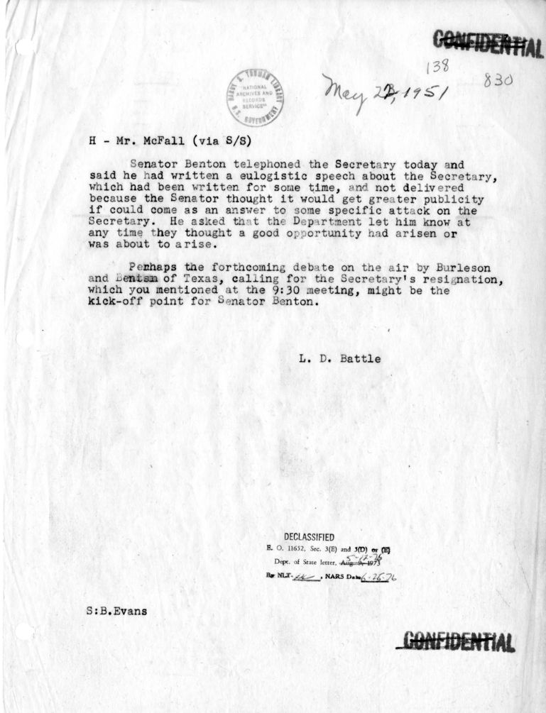 Memorandum of Telephone Conversation with Senator William Benton