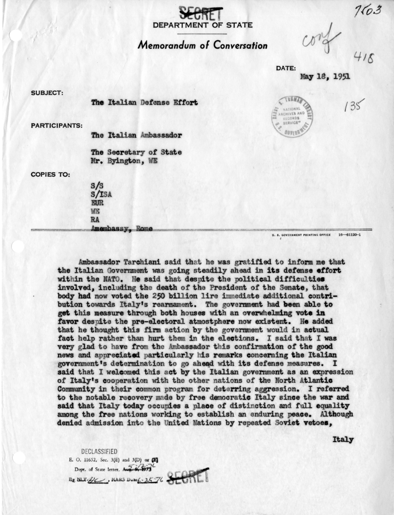 Memorandum of Conversation with Ambassador Alberto Tarchiani of Italy and Homer Byington, Jr.