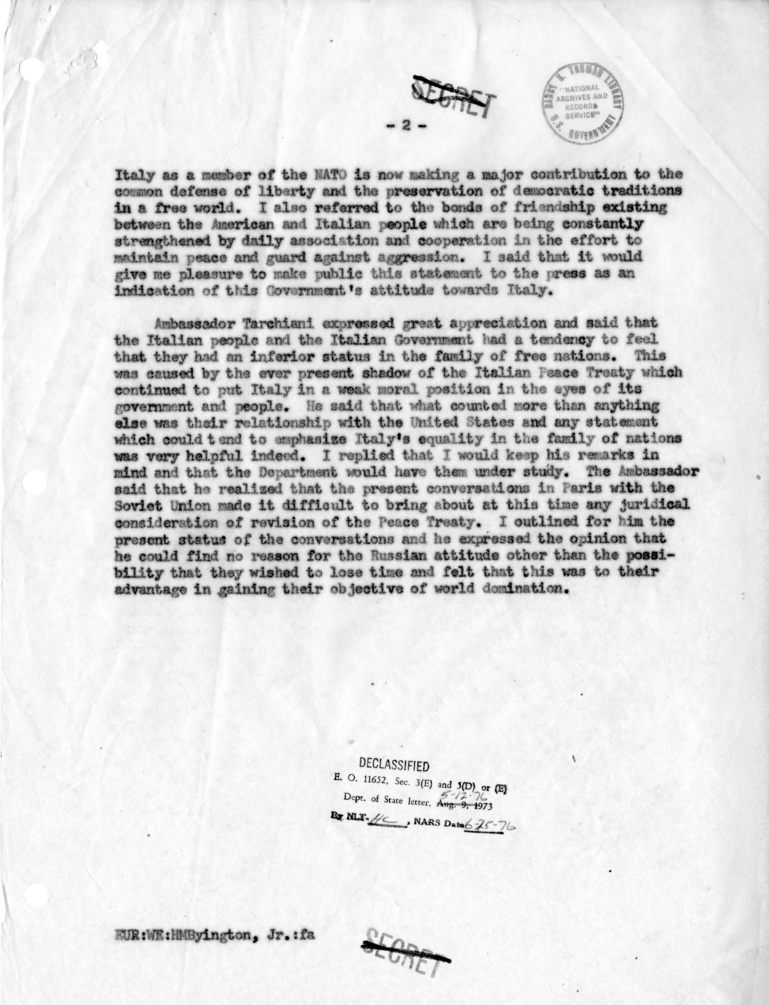 Memorandum of Conversation with Ambassador Alberto Tarchiani of Italy and Homer Byington, Jr.