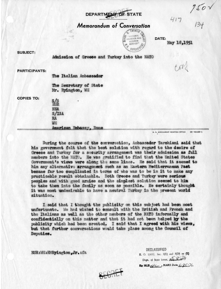Memorandum of Conversation with Ambassador Alberto Tarchiani of Italy and Homer Byington, Jr.