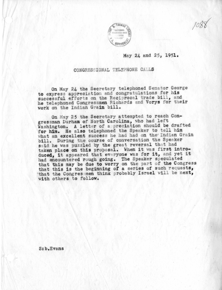 Memorandum of Telephone Conversations with Senator Walter George, Congressman James Richards, Congressman John Vorys, and Speaker Sam Rayburn