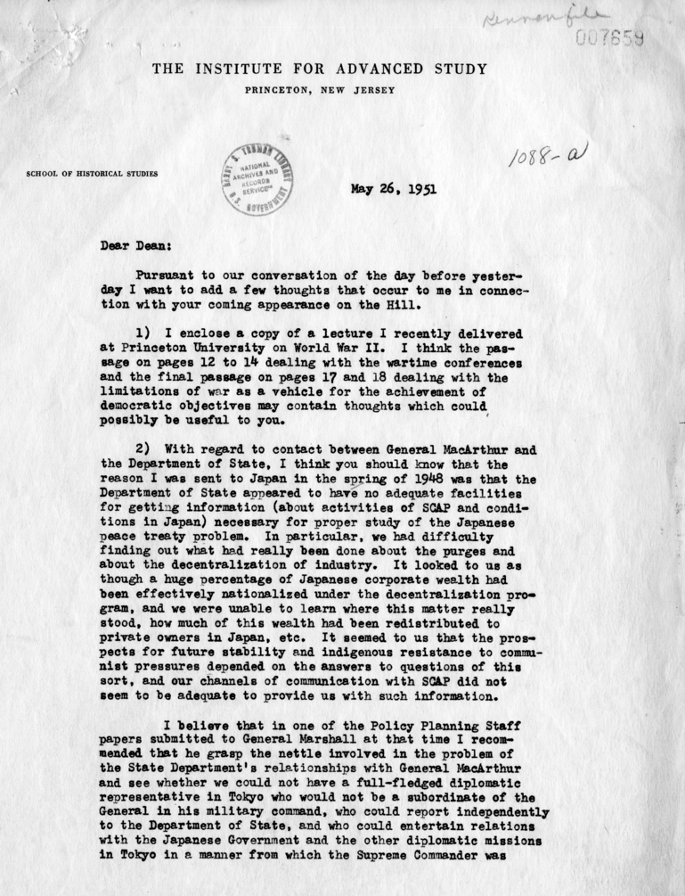 Letter from George Kennan to Dean Acheson with Attached Speech