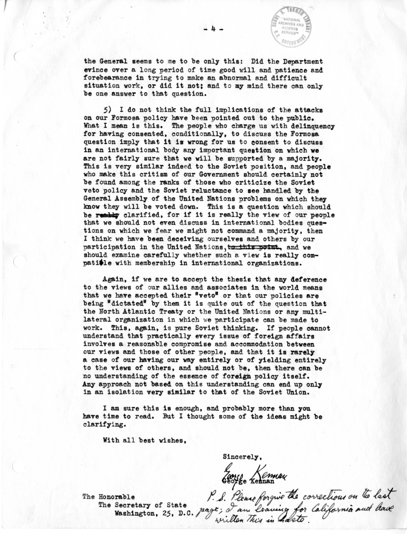 Letter from George Kennan to Dean Acheson with Attached Speech
