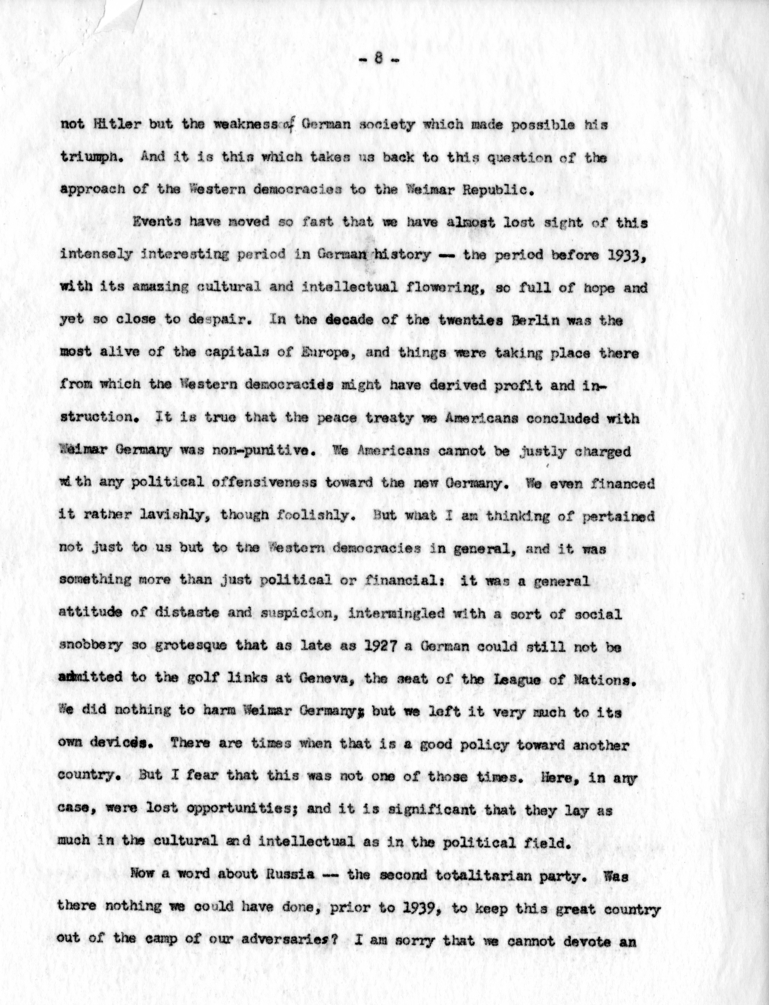 Letter from George Kennan to Dean Acheson with Attached Speech