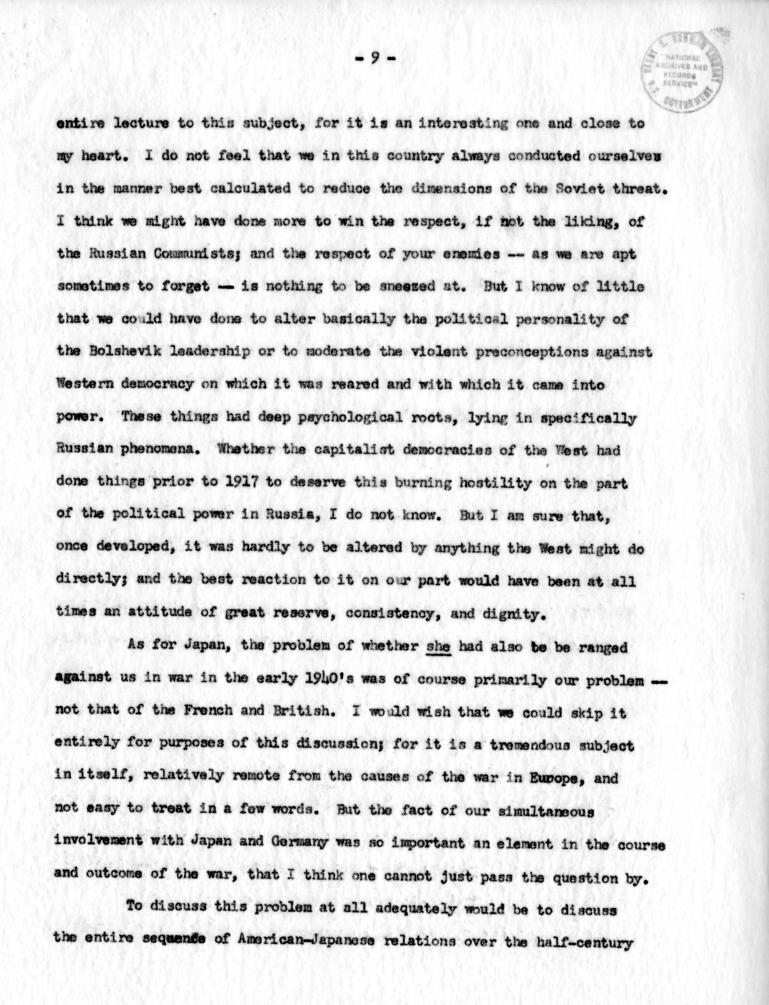 Letter from George Kennan to Dean Acheson with Attached Speech