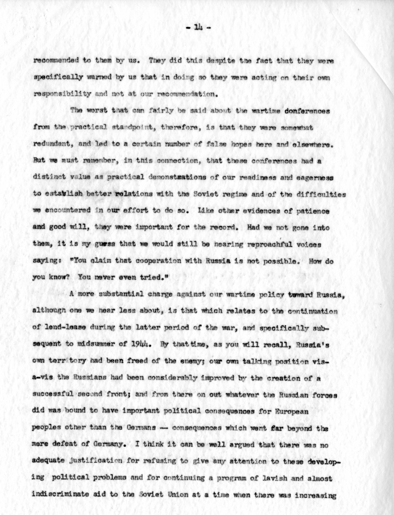 Letter from George Kennan to Dean Acheson with Attached Speech