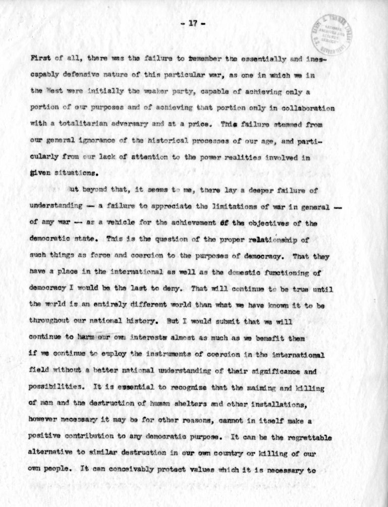 Letter from George Kennan to Dean Acheson with Attached Speech