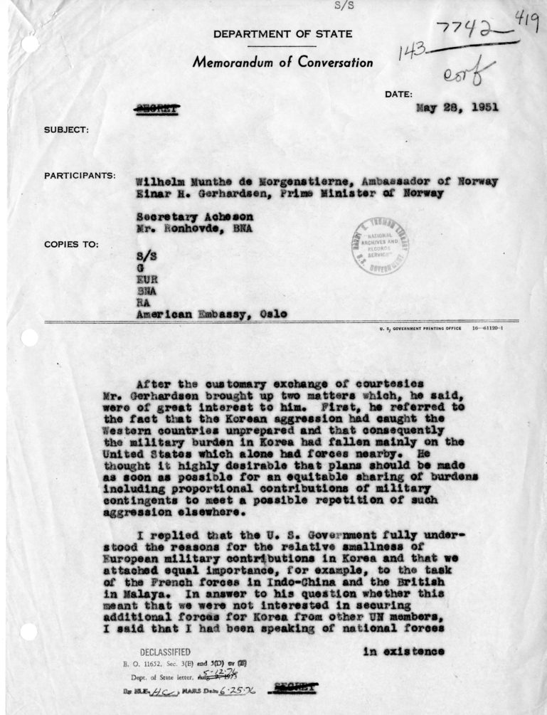 Memorandum of Conversation with Ambassador Wilhelm Munthe de Morgenstierne of Norway, Prime Minister Einar H. Gerhardsen of Norway and Andreas G. Ronhovde