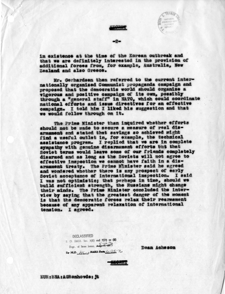 Memorandum of Conversation with Ambassador Wilhelm Munthe de Morgenstierne of Norway, Prime Minister Einar H. Gerhardsen of Norway and Andreas G. Ronhovde