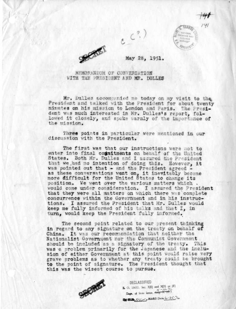 Memorandum of Conversation with President Harry S. Truman and John Foster Dulles
