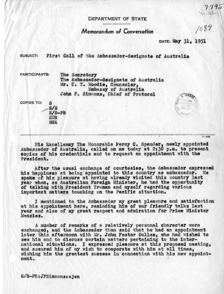 Memorandum of Conversation with Ambassador Percy C. Spender of Australia, Counselor C. T. Moodie of the Embassy of Australia, and Mr. John F. Simmons