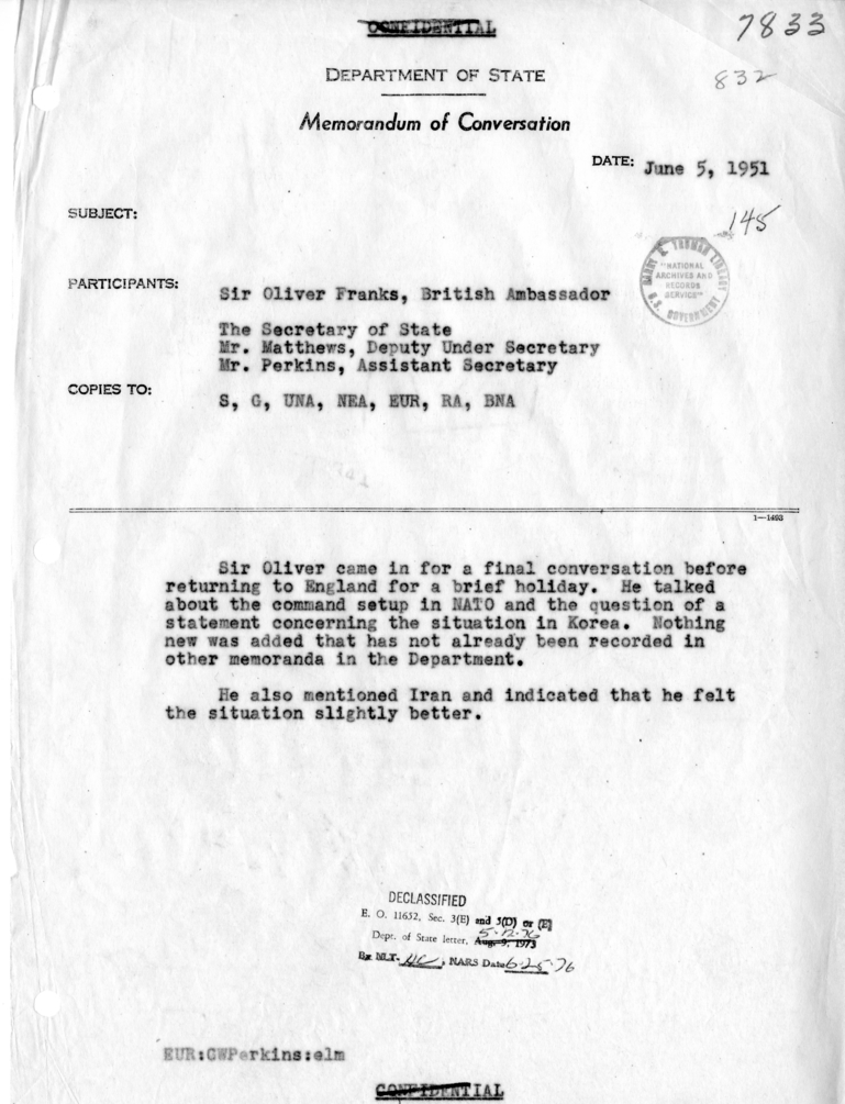 Memorandum of Conversation with Ambassador Sir Oliver Franks of Great Britain, H. Freeman Matthews, and George W. Perkins
