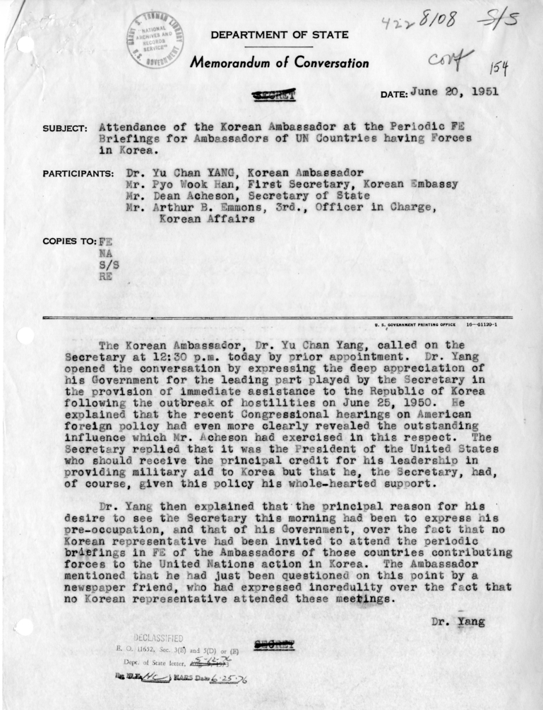 Memorandum of Conversation with Ambassador Dr. Yu Chan Yang of Korea, First Secretary Pyo Yook Han of the Korean Embassy, and Arthur B. Emmons III