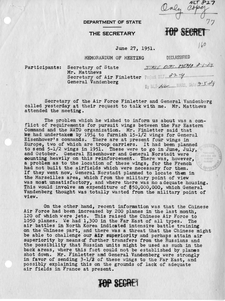 Memorandum of Conversation with Secretary of the Air Force Thomas K. Finletter, General Hoyt Vandenberg and H. Freeman Matthews