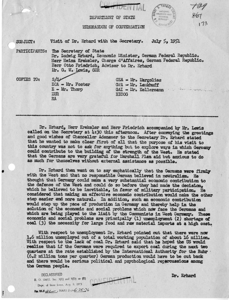 Memorandum of Conversation with Economic Minister Dr. Ludwig Erhard of the German Federal Republic, Charge d'Affaires Heinz Krekeler of the German Federal Republic, Otto Friedrich, and G. W. Lewis