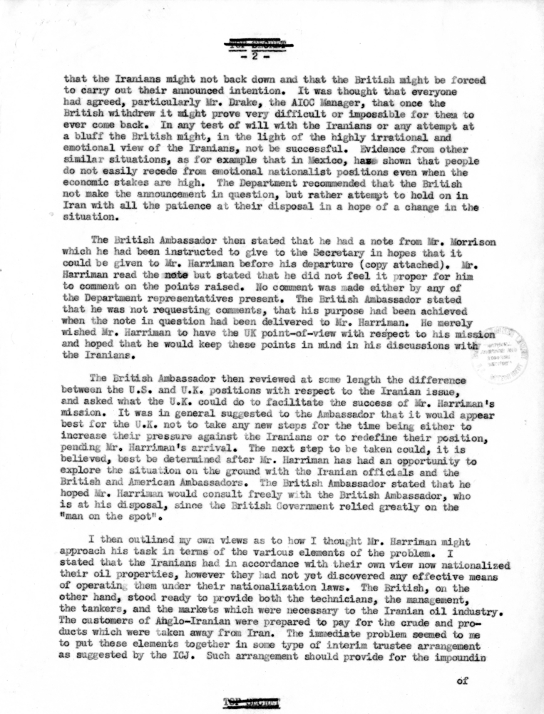 Memorandum of Conversation with Ambassador Sir Oliver Franks of Great Britain, H. Freeman Matthews, W. Averell Harriman, and George C. McGhee