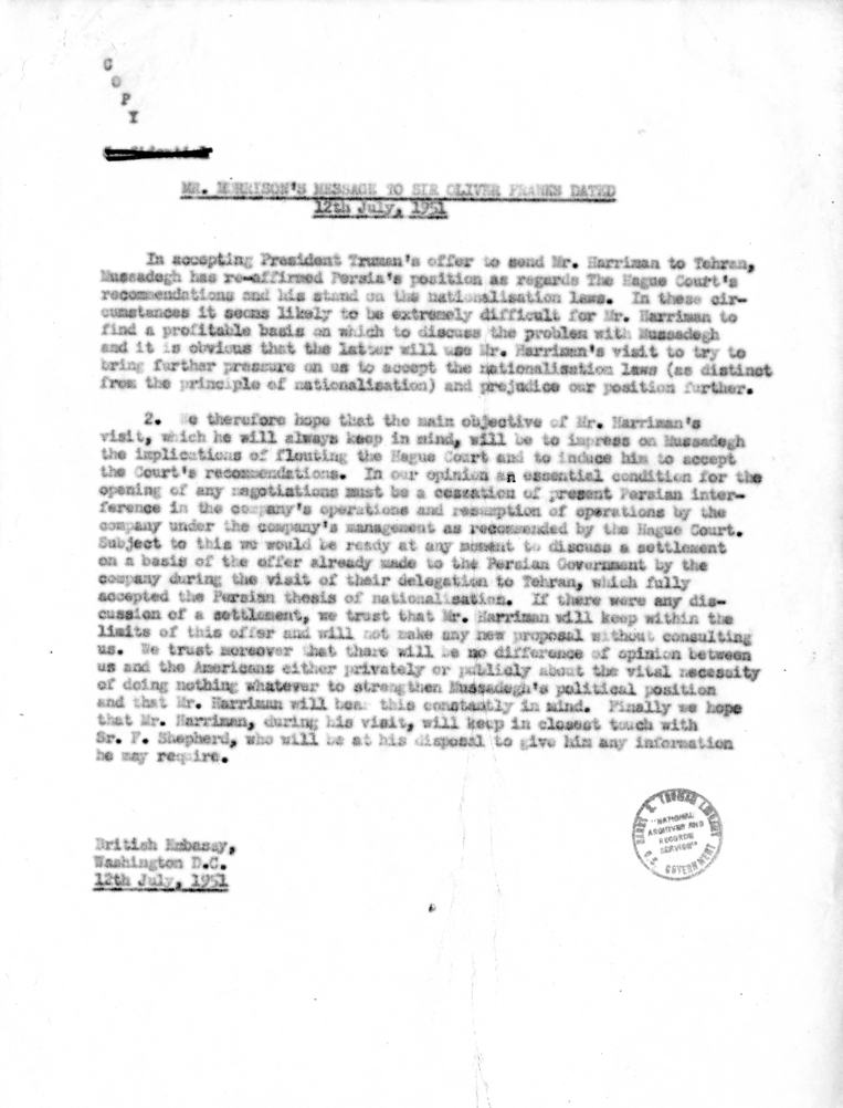 Memorandum of Conversation with Ambassador Sir Oliver Franks of Great Britain, H. Freeman Matthews, W. Averell Harriman, and George C. McGhee