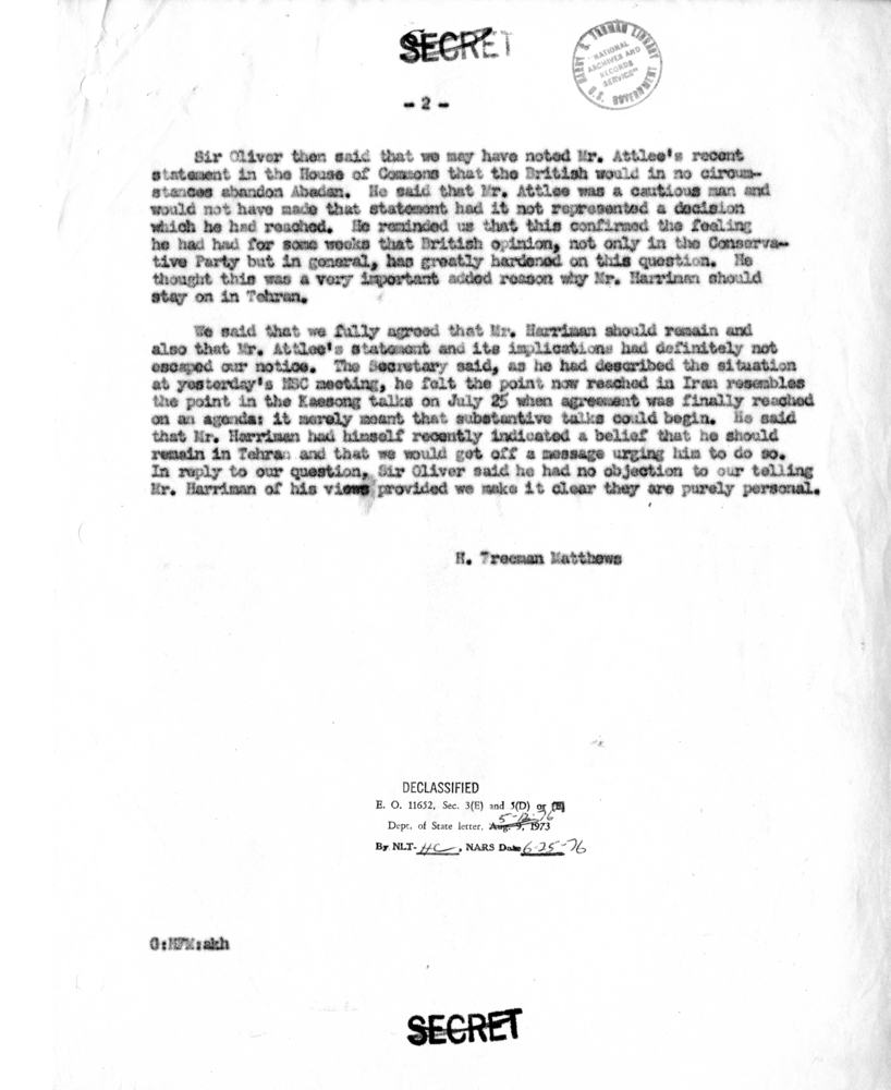 Memorandum of Conversation with Ambassador of Great Britain Sir Oliver Franks and H. Freeman Matthews