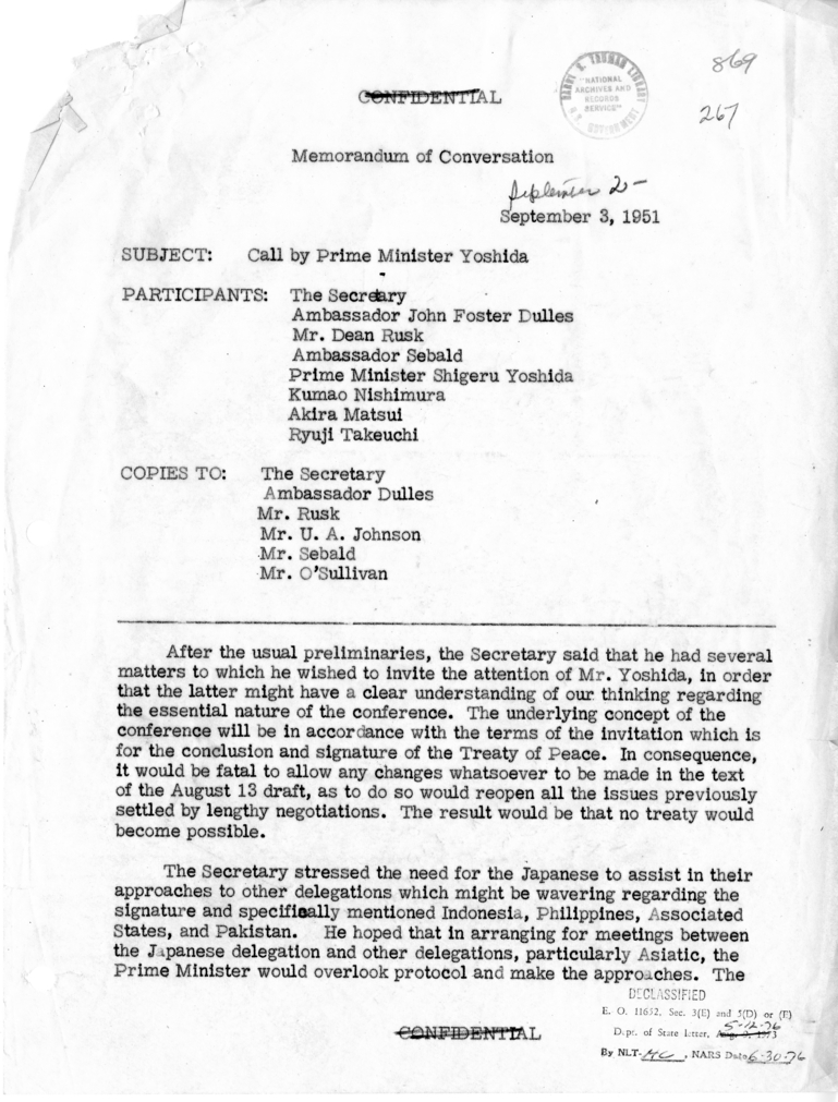 Memorandum of Conversation with Prime Mininster Shigeru Yoshida of Japan, Ambassador John Foster Dulles, Ambassador William Sebald, Dean Rusk and Others