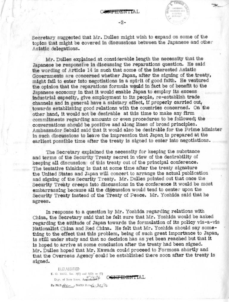 Memorandum of Conversation with Prime Mininster Shigeru Yoshida of Japan, Ambassador John Foster Dulles, Ambassador William Sebald, Dean Rusk and Others