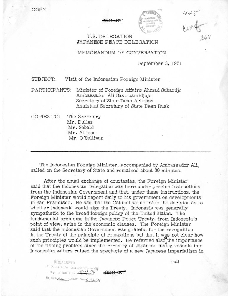 Memorandum of Conversation with Foreign Minister Ahmad Subardjo of Indonesia, Ambassador, Ali Sastroamidjojo of Indonesia, and Assistant Secretary of State Dean Rusk