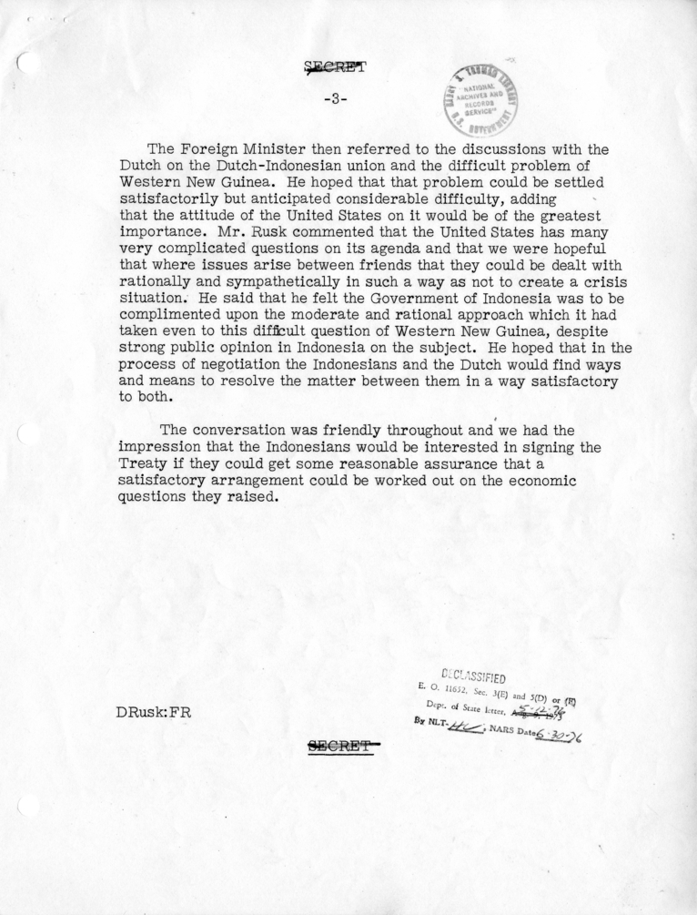 Memorandum of Conversation with Foreign Minister Ahmad Subardjo of Indonesia, Ambassador, Ali Sastroamidjojo of Indonesia, and Assistant Secretary of State Dean Rusk