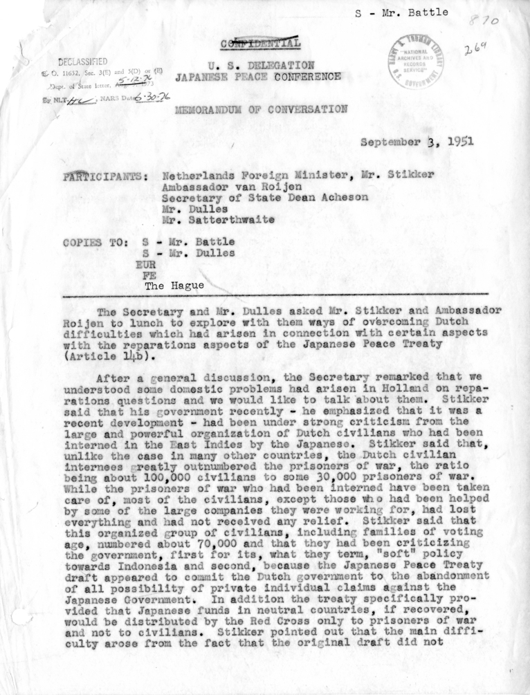 Memorandum of Conversation with Foreign Minister Dirk Stikker of the Netherlands, Ambassador S. Herman van Roijen of the Netherlands, John Foster Dulles and Livingston Satterthwaite