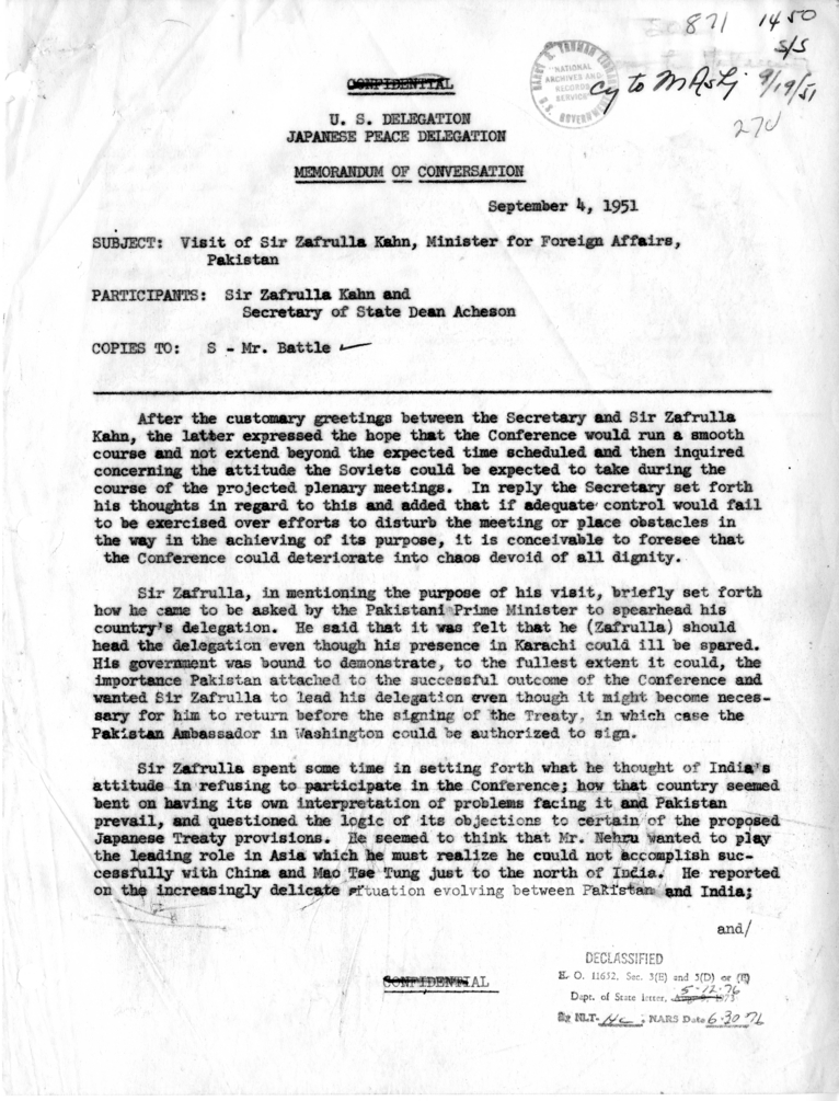 Memorandum of Conversation with Foreign Minister Sir Zafrulla Khan of Pakistan