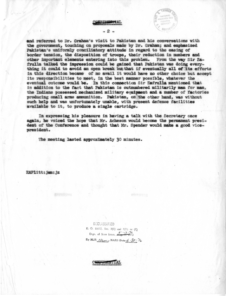 Memorandum of Conversation with Foreign Minister Sir Zafrulla Khan of Pakistan