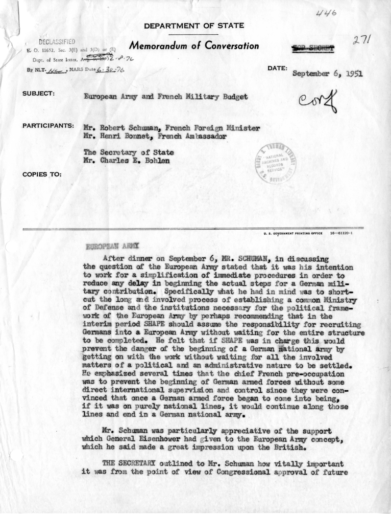 Memorandum of Conversation with Foreign Minister of France Robert Schuman, Ambassador Henri Bonnet of France, and Charles E. Bohlen