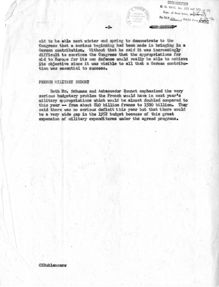 Memorandum of Conversation with Foreign Minister of France Robert Schuman, Ambassador Henri Bonnet of France, and Charles E. Bohlen