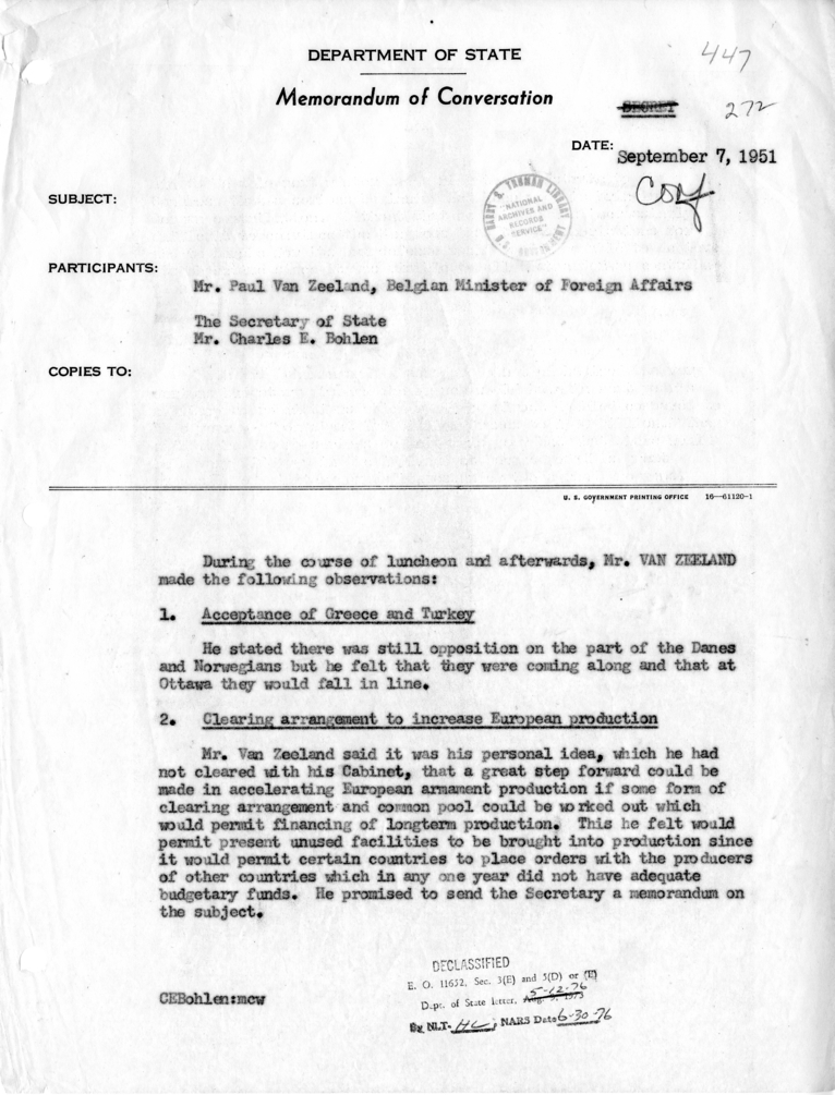 Memorandum of Conversation with Minister of Foreign Affairs Paul Van Zeeland of Belgium and Charles E. Bohlen