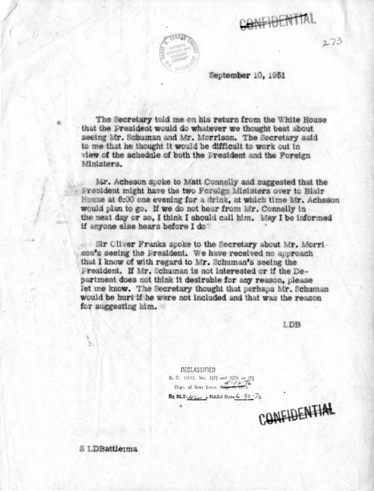 Memorandum from Lucius Battle of Conversations Between President Harry S. Truman and Secretary of State Dean Acheson