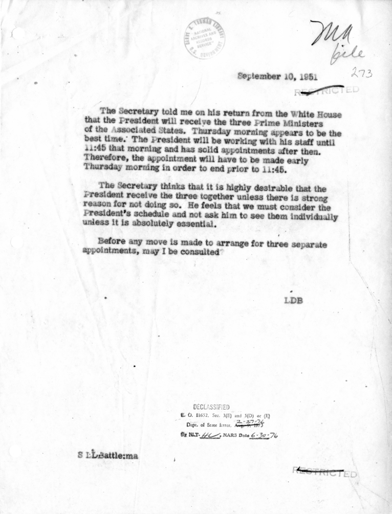 Memorandum from Lucius Battle of Conversations Between President Harry S. Truman and Secretary of State Dean Acheson