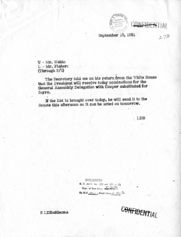 Memorandum from Lucius Battle of Conversations Between President Harry S. Truman and Secretary of State Dean Acheson