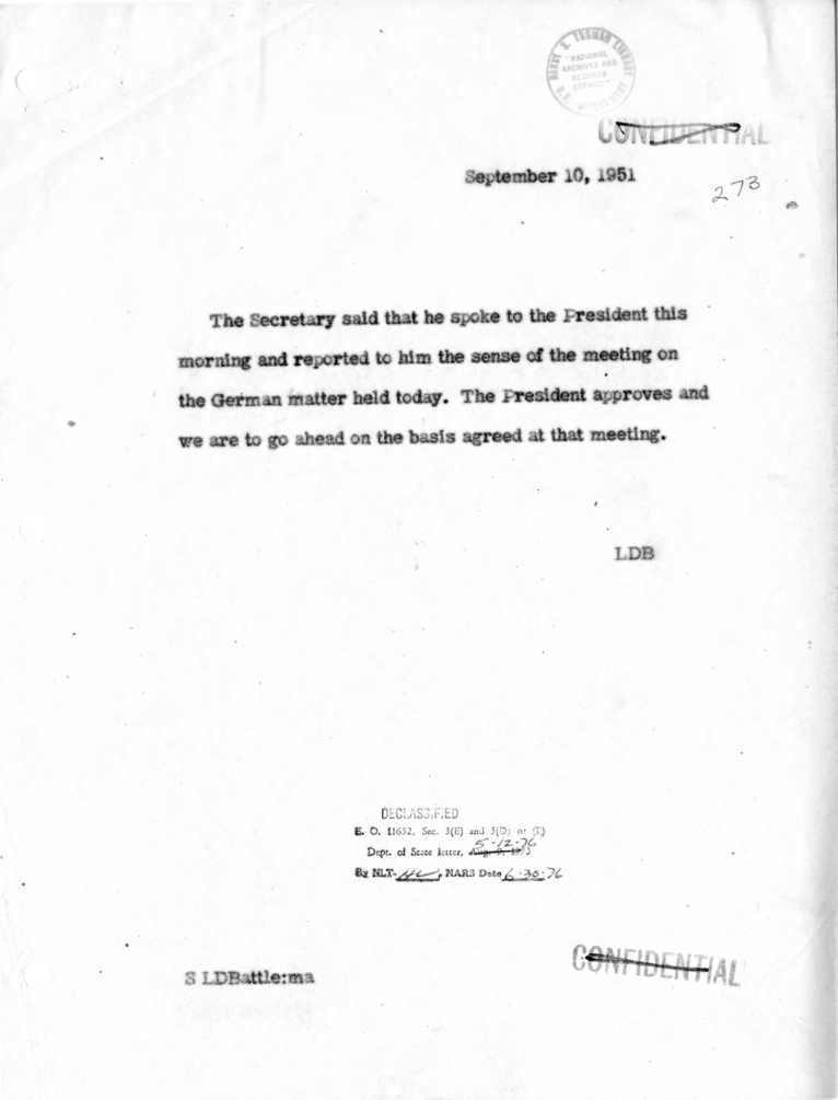 Memorandum from Lucius Battle of Conversations Between President Harry S. Truman and Secretary of State Dean Acheson