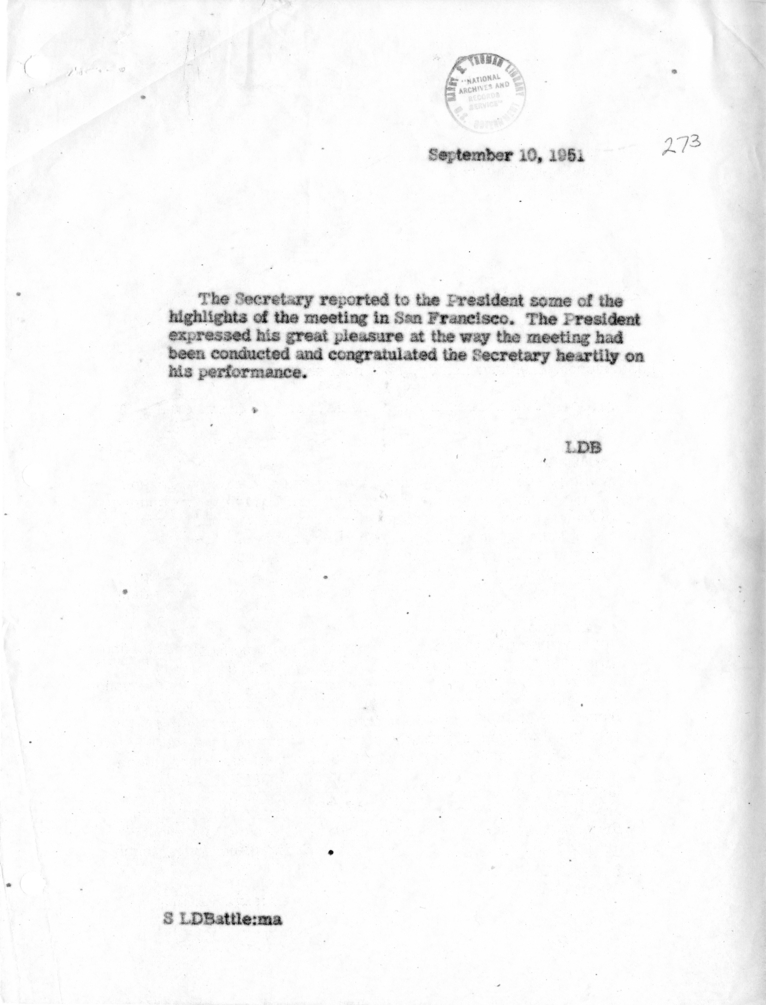 Memorandum from Lucius Battle of Conversations Between President Harry S. Truman and Secretary of State Dean Acheson