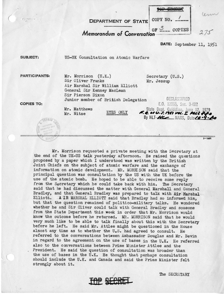 Memorandum of Conversation with Ambassador Sir Oliver Franks of Great Britain, Air Marshall Sir William Elliot, General Sir Kenny MacLean, Sir Pierson Dixon, and Philip Jessup