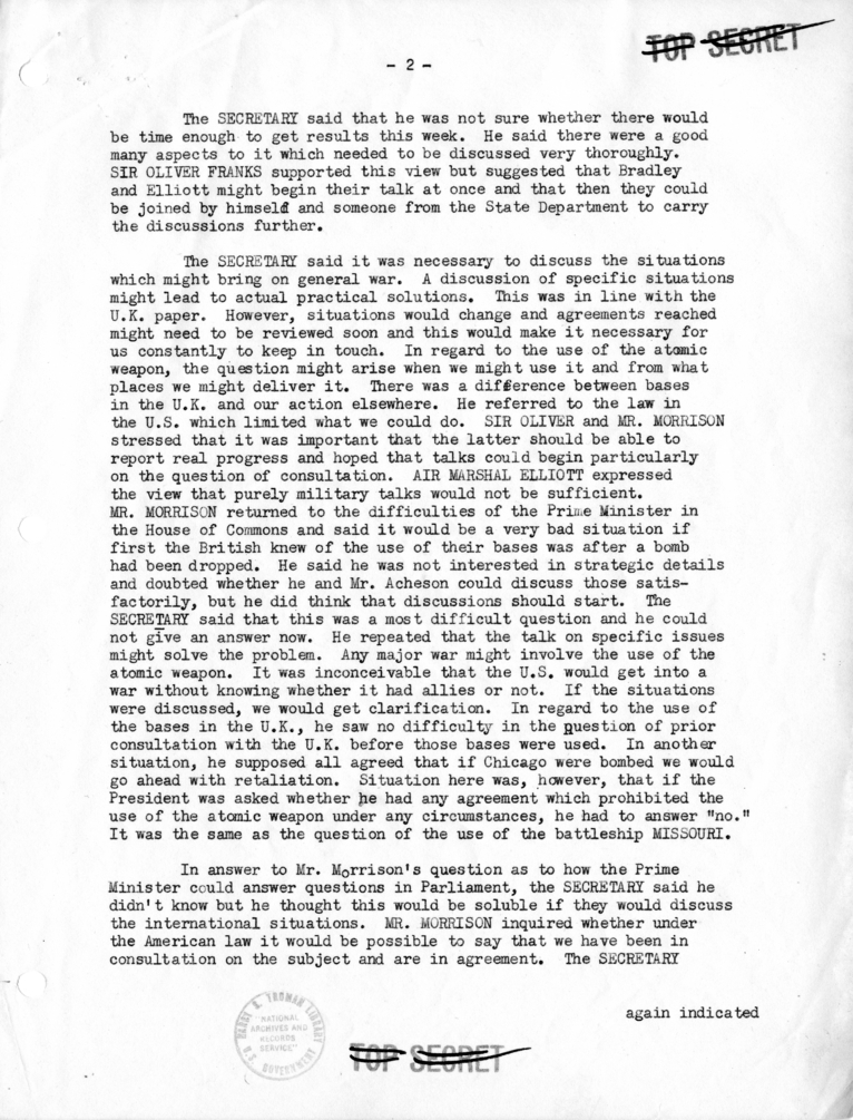 Memorandum of Conversation with Ambassador Sir Oliver Franks of Great Britain, Air Marshall Sir William Elliot, General Sir Kenny MacLean, Sir Pierson Dixon, and Philip Jessup