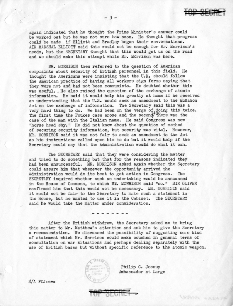 Memorandum of Conversation with Ambassador Sir Oliver Franks of Great Britain, Air Marshall Sir William Elliot, General Sir Kenny MacLean, Sir Pierson Dixon, and Philip Jessup