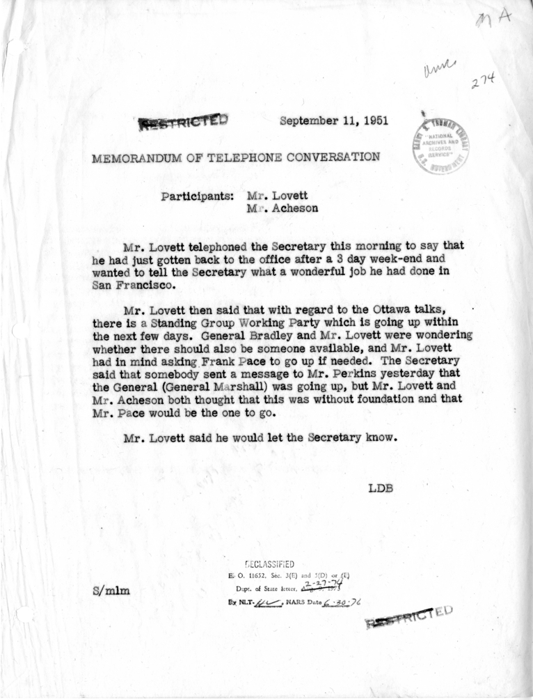 Memorandum of Telephone Conversation with Deputy Secretary of Defense Robert Lovett