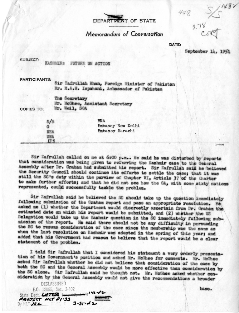 Memorandum of Conversation with Foreign Minister Sir Zafrullah Khan of Pakistan, Ambassador M. A. H. Ispahani of Pakistan, George C. McGhee, and T. Eliot Weil