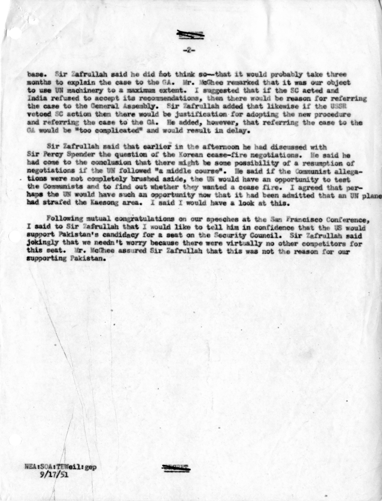 Memorandum of Conversation with Foreign Minister Sir Zafrullah Khan of Pakistan, Ambassador M. A. H. Ispahani of Pakistan, George C. McGhee, and T. Eliot Weil